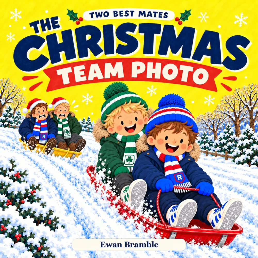 The Christmas Team Photo: Jamie and Callum sledge down a snowy hill while their dads tumble behind on a second sledge.
