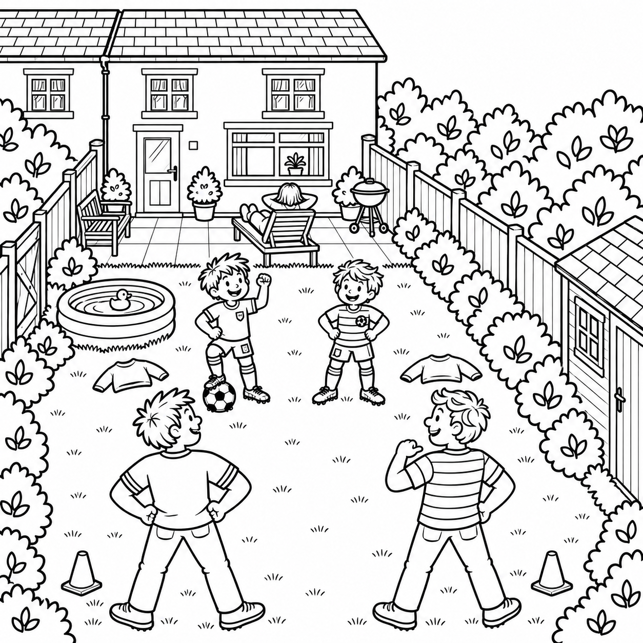 Outline illustration of the boys and dads setting up their garden football match