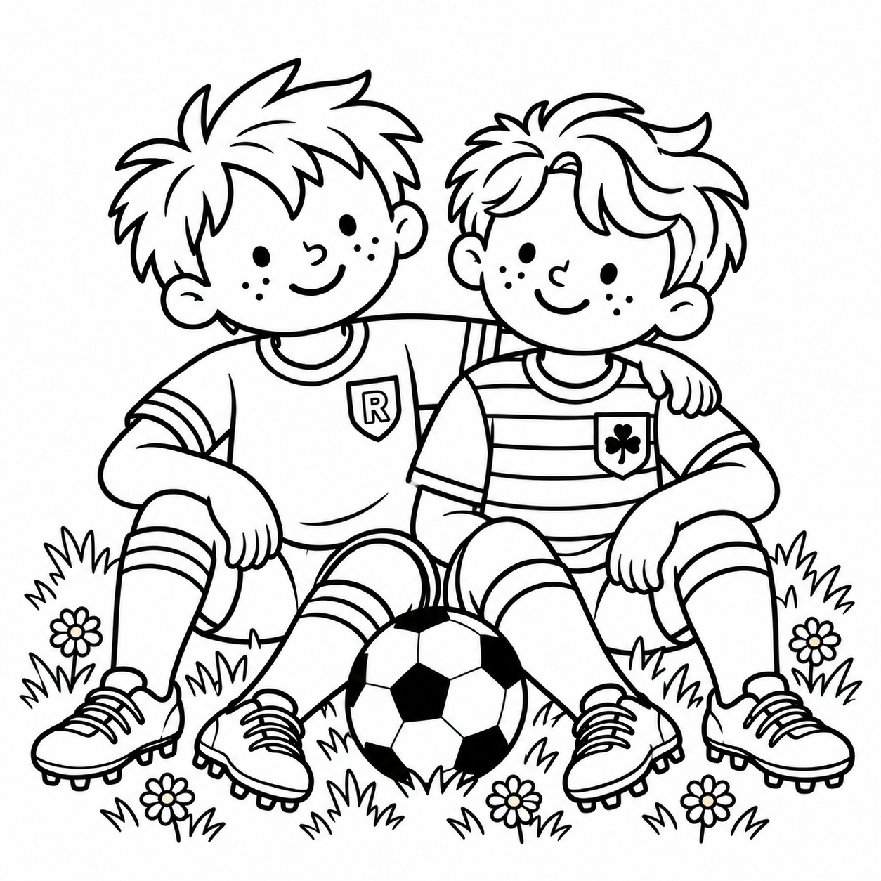 Outline illustration of Jamie and Callum sitting arm-in-arm with their football