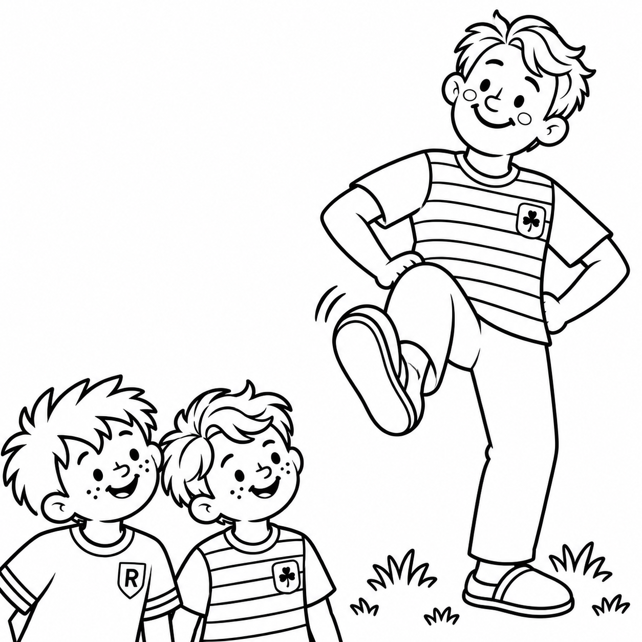 Outline illustration of Callum’s dad showing his slipper to the boys