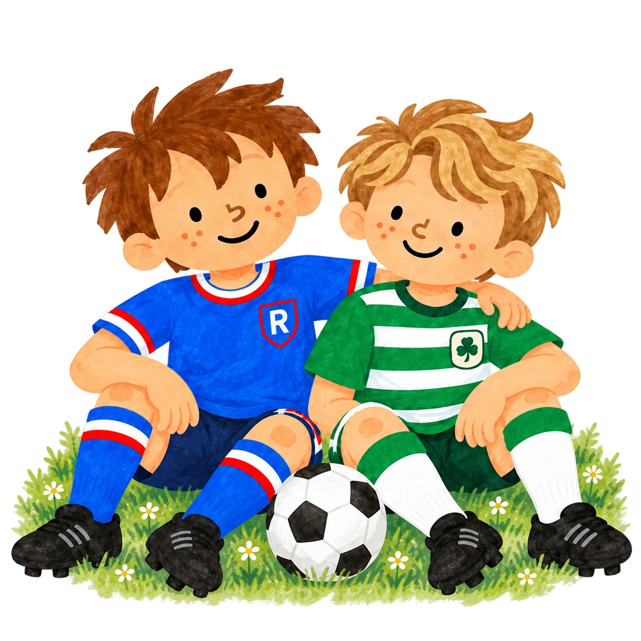 Jamie in blue and Callum in green and white, sitting arm in arm with their football, both fully in view.